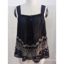 Moda preta bordada Chiffon mangas Sexy Ladies Top